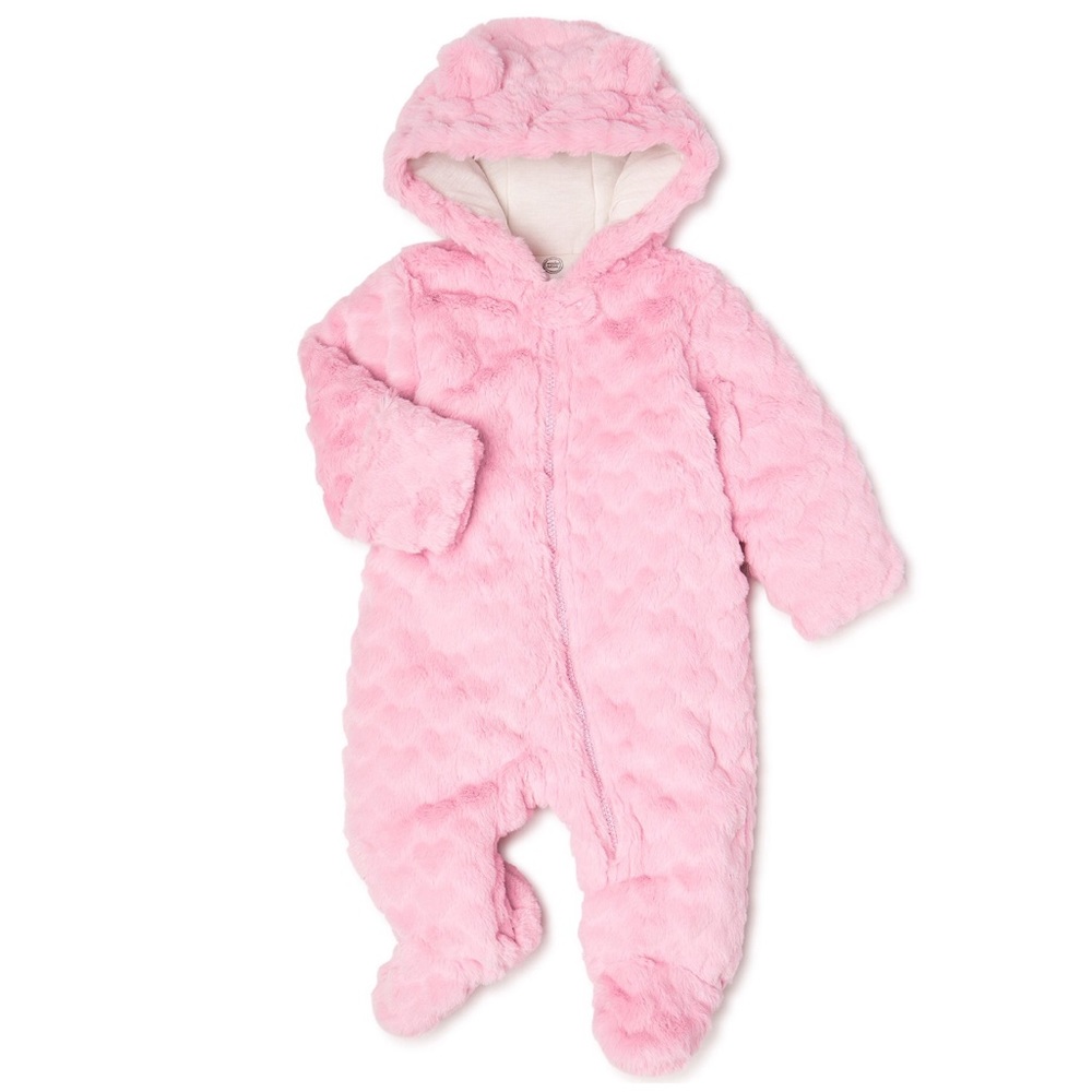 NEW Baby Girl 3-6M Zip-Up Pink Pram Suit Winter Jacket Coat One-Piece Hooded NWT